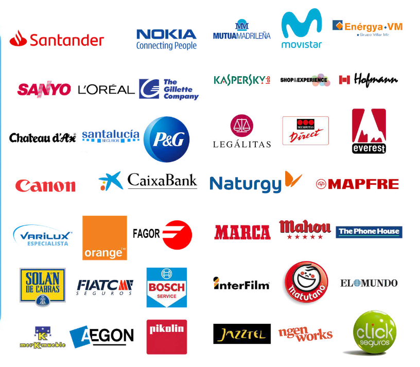 Logos de empresas clientes como Santander, Nokia, Movistar, L'Oréal, Canon, CaixaBank, Mapfre, Bosch y más